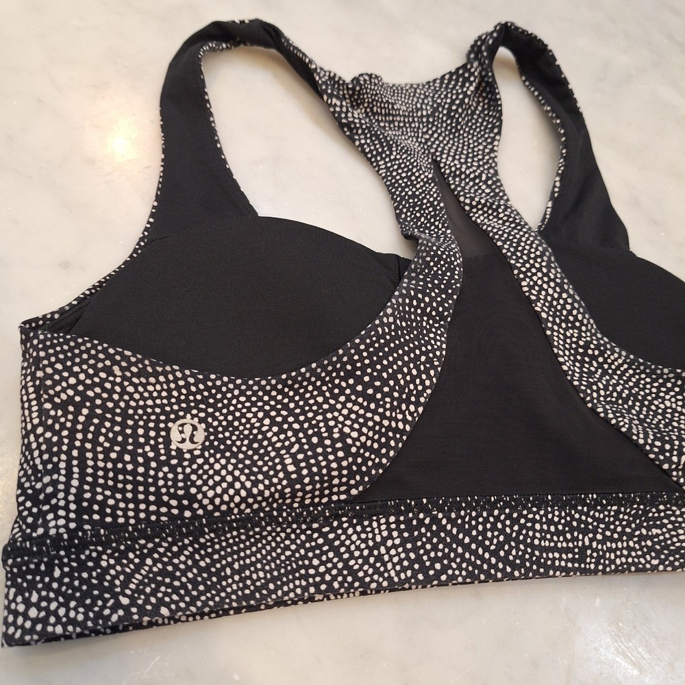 Lululemon Invigorate Sports Bra Women 10 Black White Dot Racerback Mesh Yoga Gym